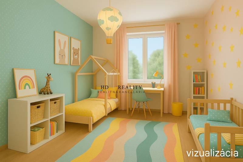 Children's room with a patterned wall, a crib, and a floor with a wooden decor in a 3-room apartment.
