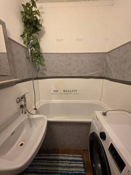 A bathroom in a 3-room apartment with a bathtub, sink, washing machine, and a live plant.