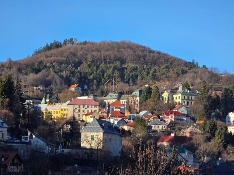 A view of Banská Štiavnica with forested hills and colorful buildings scattered across the slope.