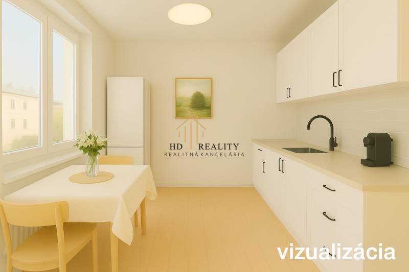 White kitchen in a 3-room apartment with wood-patterned flooring and a table.