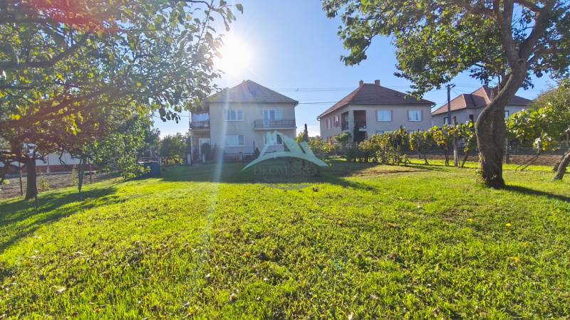 The garden of a family house in Čebovce surrounded by trees and neighboring houses.