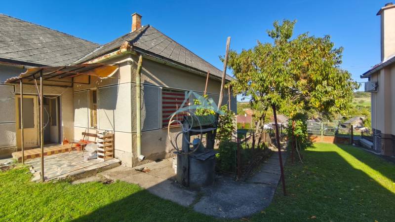 A family house in Čebovce with a yard, a tree, and an old well in the green garden.