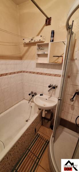 A bathroom in a family house, with a shower, bathtub, and sink, complemented by shelves.