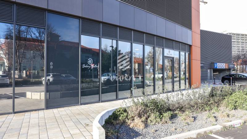 Commercial spaces on Súkennícka Street in Bratislava - Ružinov with a glass facade and plants.
