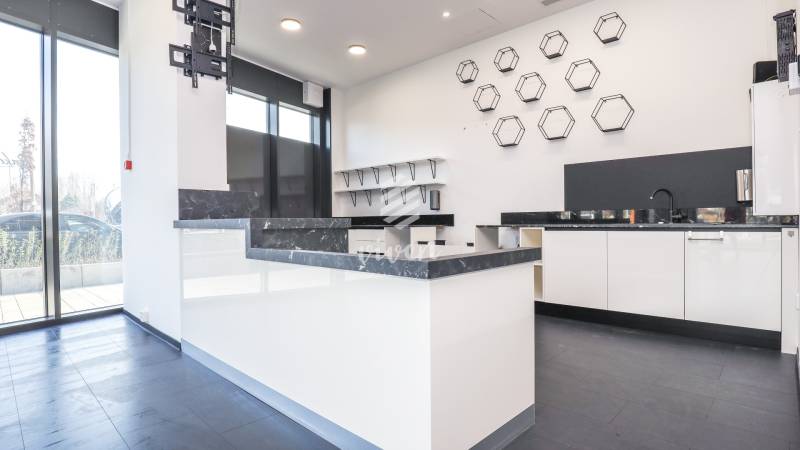 Commercial space with an elegant kitchen set, decorative elements, and large windows.