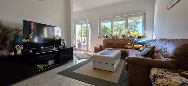 Living room with a brown leather sofa and decorative pillows in a three-room apartment.