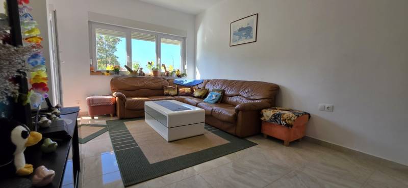 Living room with a brown couch, table, and decorations in a three-room apartment.