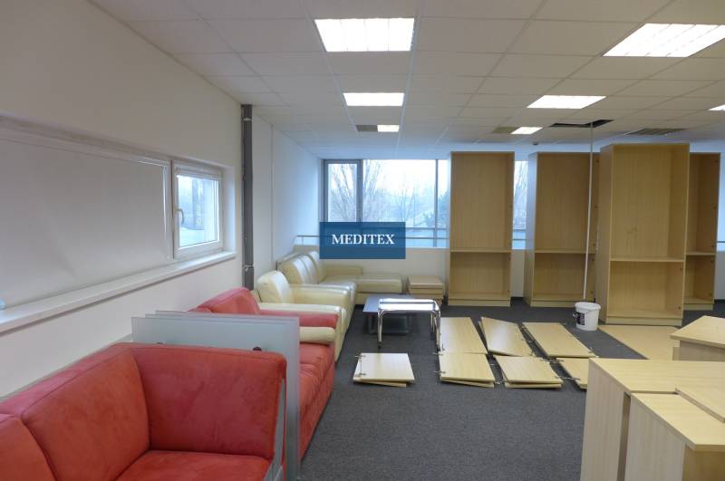 Office with sofas, furniture set, and exhibition area in commercial premises.