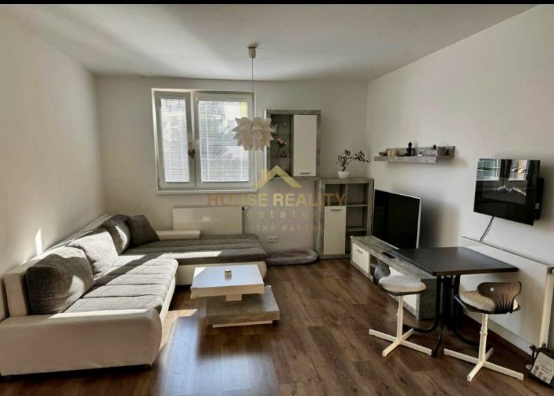 A living room in a three-room apartment with a wooden decor floor, a sofa, and a television.