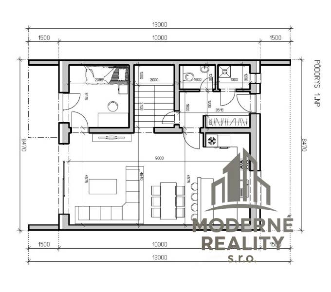 Floor plan of a family house in Nové Zámky, first floor with living room and kitchen.