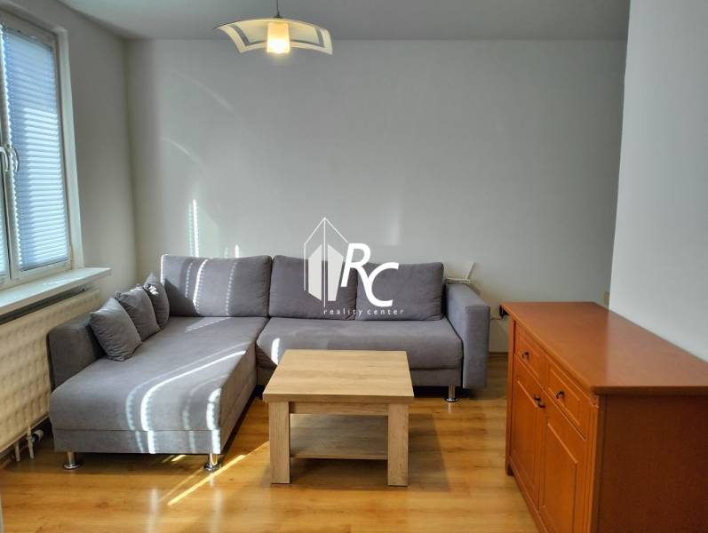 Living room of a one-bedroom apartment with a gray sofa, wood-patterned flooring, and wooden furniture.