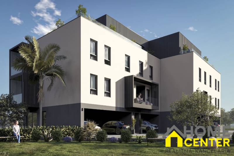 A recreational apartment in Hvar with modern architecture, surrounded by greenery and palm trees.