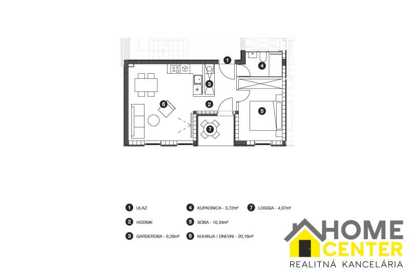 Floor plan of a Holiday Apartment: bedroom, bathroom, kitchen, living room, hallway, loggia, wardrobe.