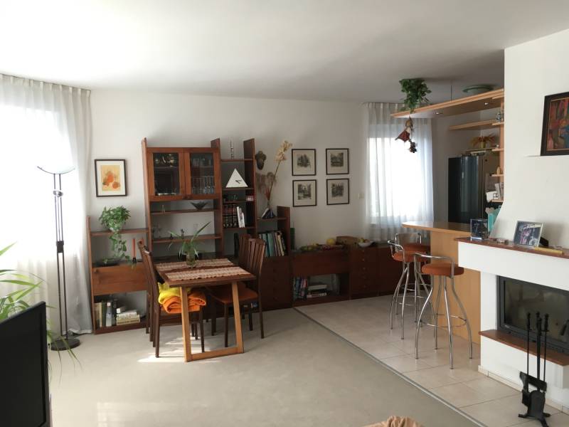 Living room in a family house with a fireplace, wooden furniture, and a dining table.