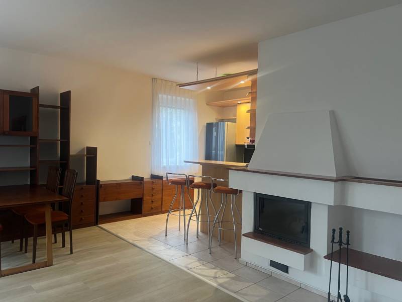 Kitchen and living room with a fireplace and a bar counter, floor with wooden decor.