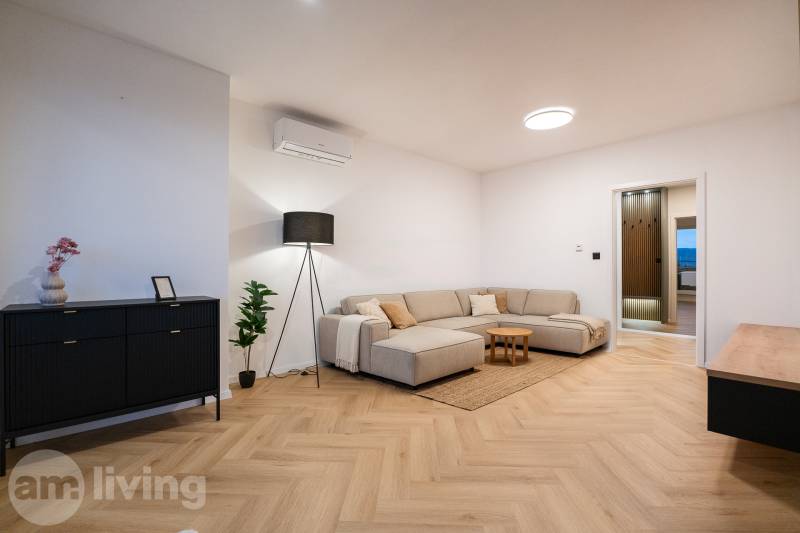 Living room in a three-room apartment with a wooden decor floor, light seating, and plants.