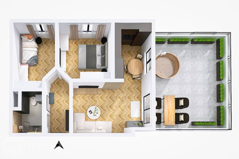 3-room apartment with wood-patterned flooring and a spacious terrace.