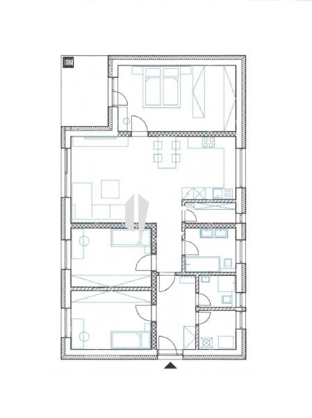 Floor plan of a family house in Trebostovo with three bedrooms, a living room, and a bathroom.