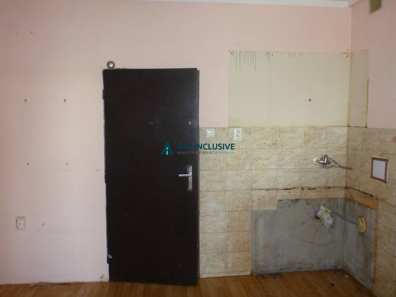 A small two-room apartment with an old sink, a wooden decor floor, and dark doors.