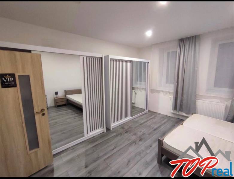 Bedroom with a bed, cabinet, and mirrored wardrobe, floor with wood decor.