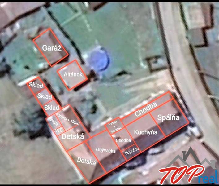 Floor plan of a family house in Veľká Ida with labeled rooms: garage, gazebo, storage, bedroom.