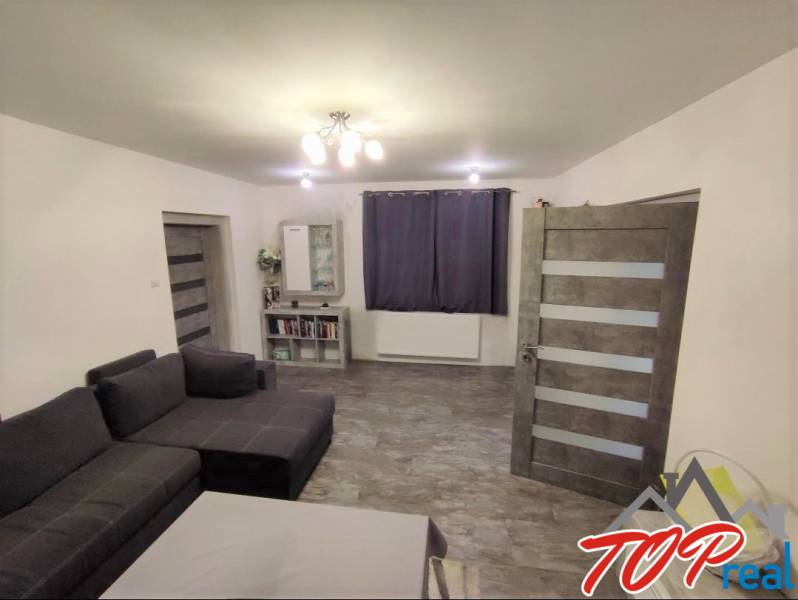 Living room in a family house with a sofa and a cabinet, floor with wood decor.