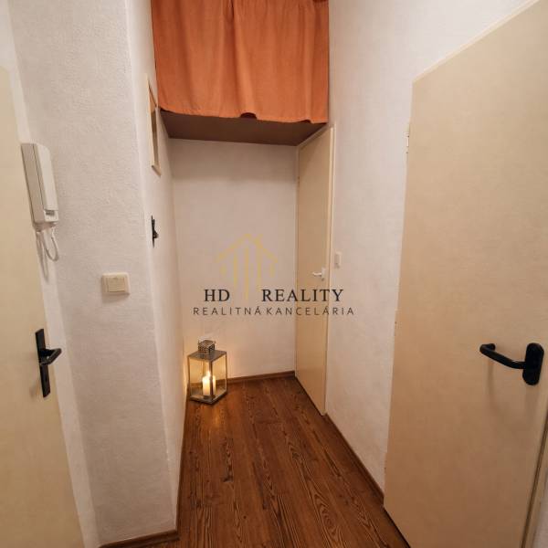 A narrow hallway in a one-room apartment with a wooden decor floor and a lantern.