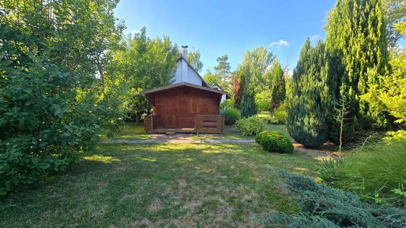 A cottage in Úľany nad Žitavou surrounded by green trees and lawn.