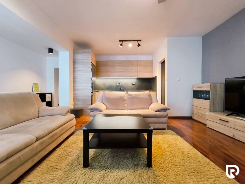 Living room in a two-room apartment with sofas, wood-decor flooring, and a kitchenette.
