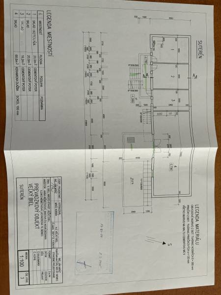 Basement floor plan for an operational building, Veľký Biel, containing technical details and a room legend.