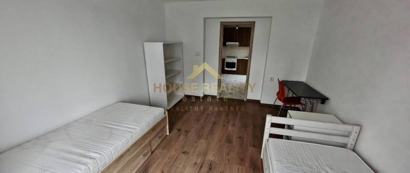 A room in a 2-room apartment with a wooden decor floor, a bed, and a desk.