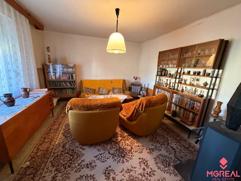 A living room in a family house with antique furniture, bookshelves, and glasses.