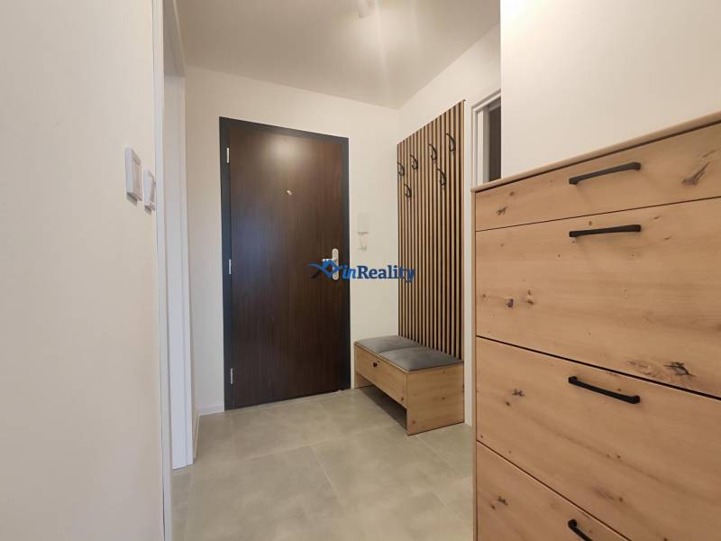 Hallway with a coat rack and a dresser in a studio apartment, wood-patterned flooring.