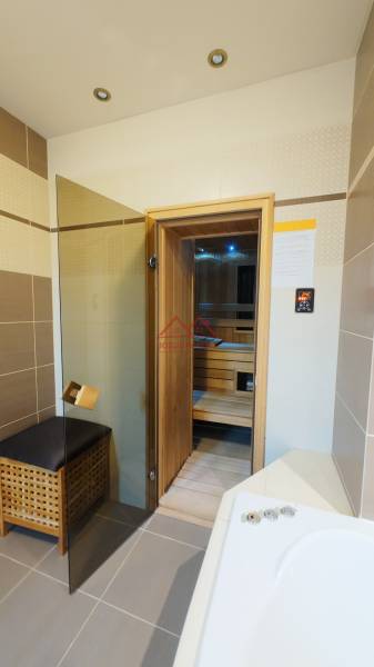 Sauna and bathroom, paneled walls, 4-room apartment.