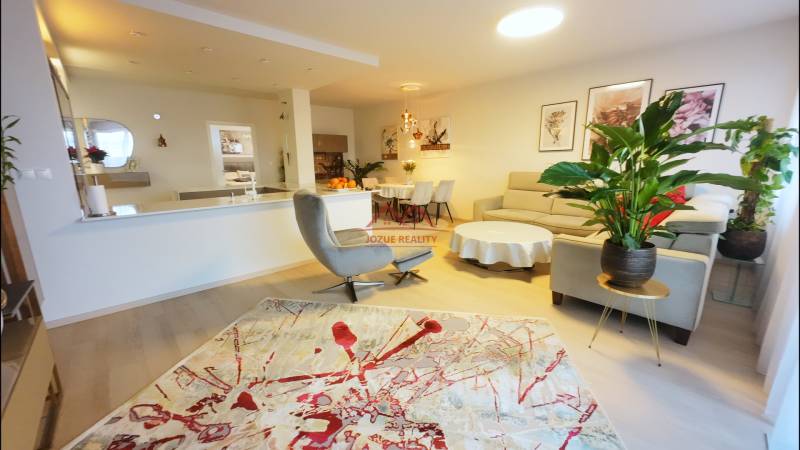 Stylish interior of a 4-room apartment with comfortable seating and plants, floor with wood decor.