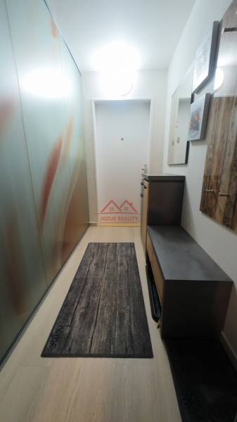 A narrow hallway with lockers, a mirror, and a carpet, a floor with a wooden decor, a 4-room apartment.