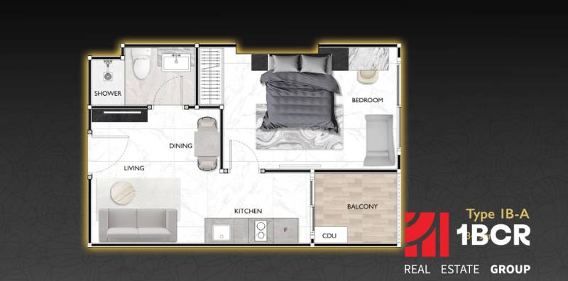 Floor plan of a 2-room apartment with a kitchen, living room, dining room, bedroom, and balcony.