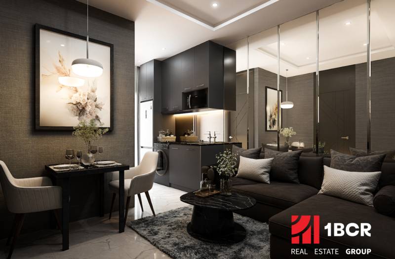 Luxury interior of a 2-room apartment with elegant furniture and artistic accessories.