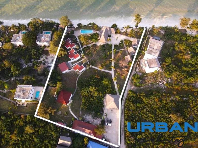 Aerial view of beachfront accommodation in the Paje area, Zanzibar South East.