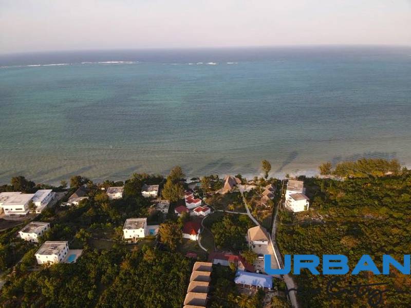 Aerial view of the Paje coastline in Zanzibar South East with hotel and guesthouse facilities.
