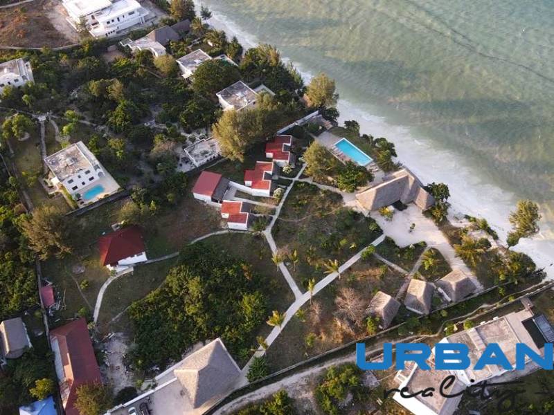 Aerial view of beach hotels and guesthouses in the Paje area, Zanzibar South East.