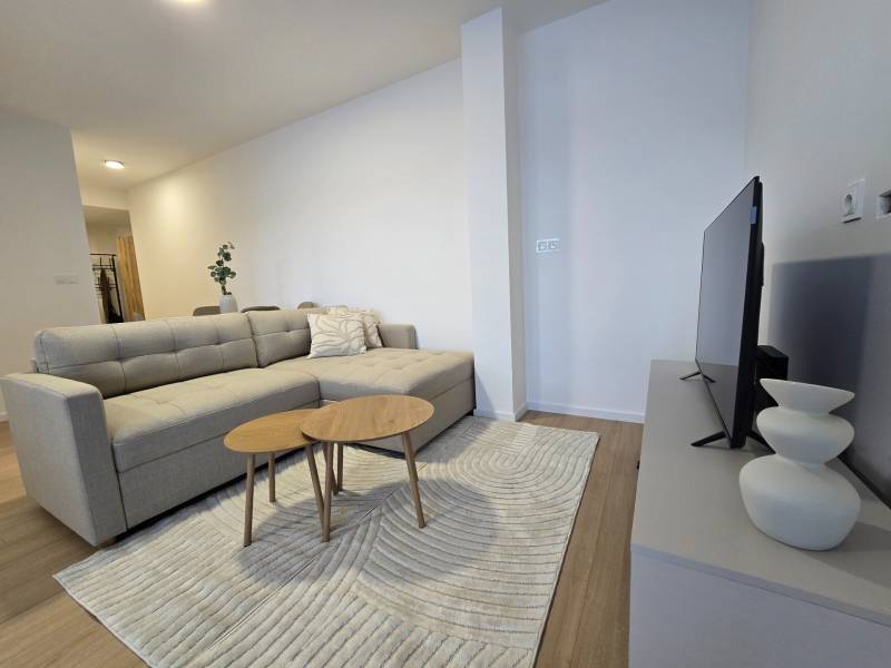 Living room with a sofa and a television, 3-room apartment with wood-patterned flooring.