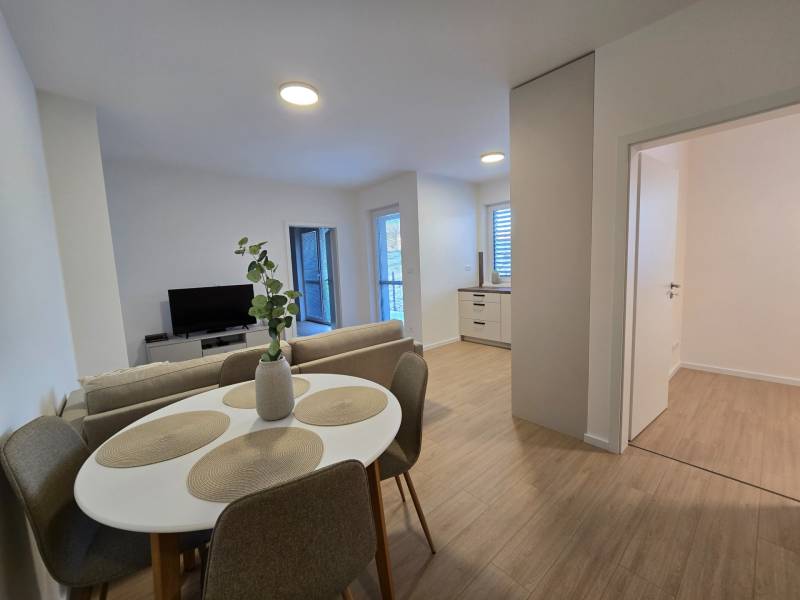 Dining area with a table and chairs, spacious living room, and floor with wooden decor.