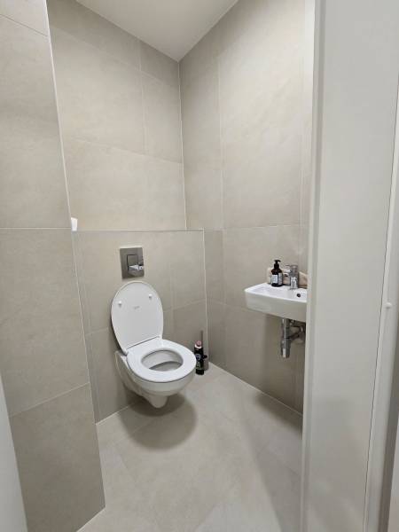 A bathroom with a wall-mounted toilet and a sink in a 3-room apartment.