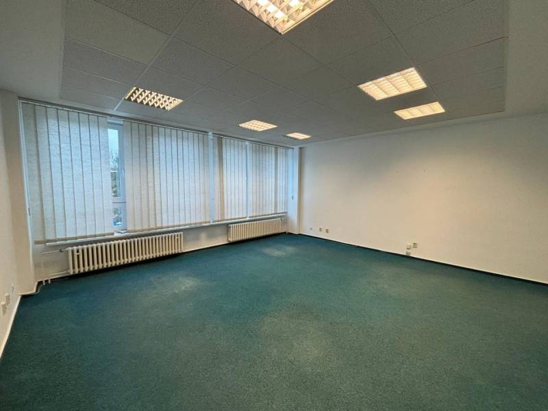 Offices with large windows and carpeted floors available.