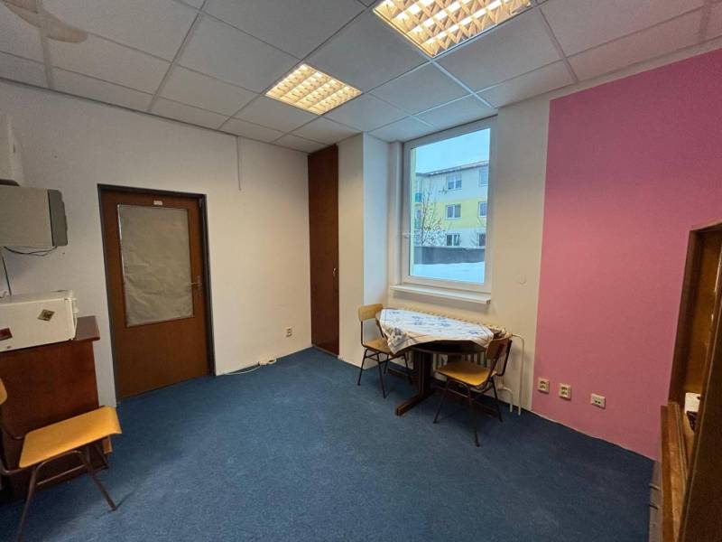 Offices with a blue carpet, pink wall, window, and a table with chairs.