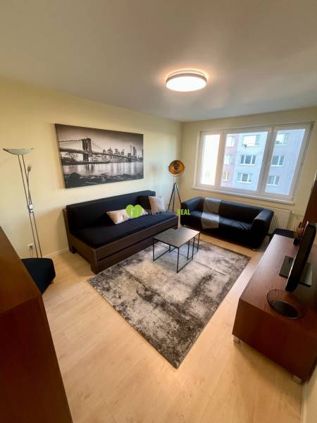 Living room with wood-patterned flooring, sofas, and a black-and-white photograph in a two-room apartment.