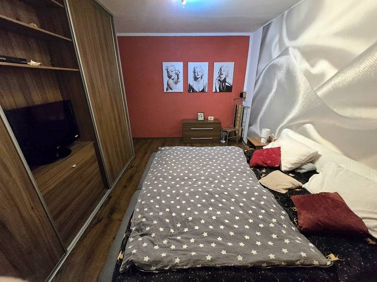 Bedroom in a 3-room apartment with wood-patterned flooring, a red wall, and artistic portraits.