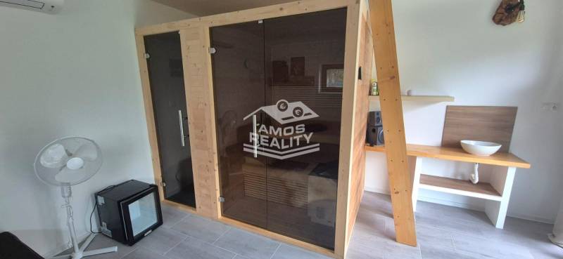 Interior of a family house with a sauna, fan, and a sink on a wooden table.