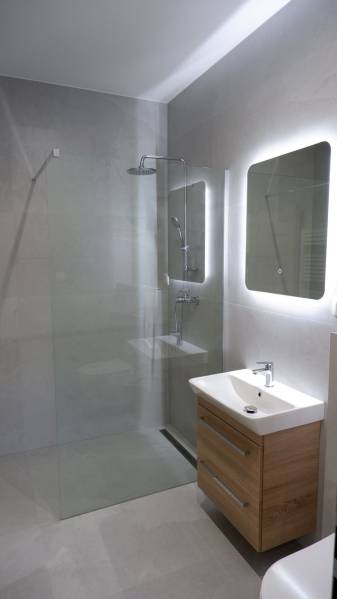Bathroom with a sink, shower corner, and large mirror in a family house.